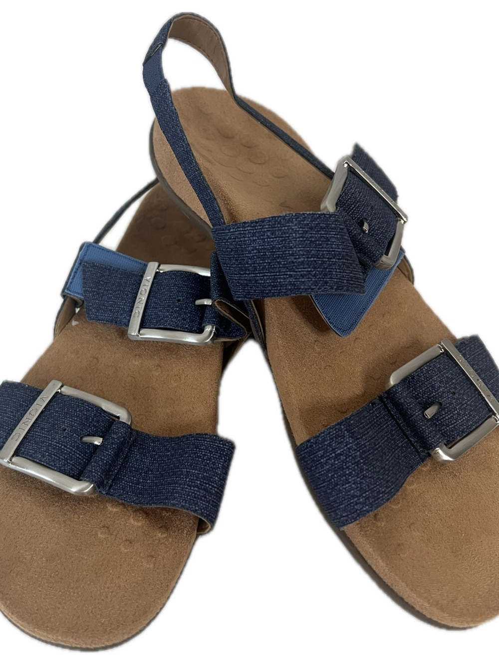 Vionic Navy Blue Adjustable Buckle Leather/Denim Comfort Slingback Sandals